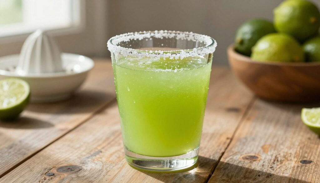 A freshly squeezed lime juice in a clear glass with a beautiful rim of coarse sea salt sits on a rustic wooden table. The glass is filled to the brim with vibrant green juice, reflecting the light beautifully, with glistening droplets of condensation on its surface. In the background, soft-focus elements include a small juicer and a bowl of ripe limes, enhancing the homey atmosphere. Gentle, warm lighting filters through a nearby window, casting soft shadows and creating an inviting mood. The angle is slightly elevated, giving the viewer a clear view of the glass and its refreshing contents. The overall feel is fresh, lively, and perfect for illustrating a homemade cocktail experience. A freshly squeezed lime juice in a clear glass with a beautiful rim of coarse sea salt sits on a rustic wooden table. The glass is filled to the brim with vibrant green juice, reflecting the light beautifully, with glistening droplets of condensation on its surface. In the background, soft-focus elements include a small juicer and a bowl of ripe limes, enhancing the homey atmosphere. Gentle, warm lighting filters through a nearby window, casting soft shadows and creating an inviting mood. The angle is slightly elevated, giving the viewer a clear view of the glass and its refreshing contents. The overall feel is fresh, lively, and perfect for illustrating a homemade cocktail experience.