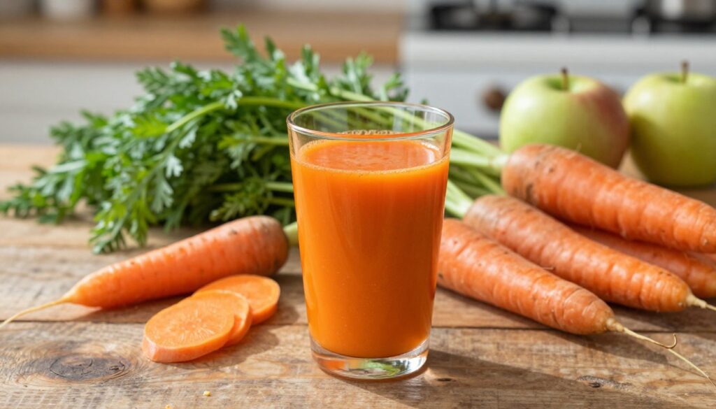 A glass of vibrant orange carrot juice sits prominently in the foreground, surrounded by fresh, whole carrots, their greens lush and bright. Soft natural light filters in from the left, casting gentle shadows that emphasize the fresh, organic feel. In the middle ground, a rustic wooden table adds warmth and texture, enhancing the earthy tones of the carrots and juice. Behind, a blurred kitchen setting with subtle hints of healthy ingredients, such as spinach and apples, creates a homely atmosphere. The overall mood is uplifting and energizing, suggesting a focus on health and vitality, evoking the nutritious benefits of carrot juice in everyday wellness. The angle is slightly top-down, capturing the colors and textures in rich detail, inviting the viewer to appreciate the wholesome essence of the subject. A glass of vibrant orange carrot juice sits prominently in the foreground, surrounded by fresh, whole carrots, their greens lush and bright. Soft natural light filters in from the left, casting gentle shadows that emphasize the fresh, organic feel. In the middle ground, a rustic wooden table adds warmth and texture, enhancing the earthy tones of the carrots and juice. Behind, a blurred kitchen setting with subtle hints of healthy ingredients, such as spinach and apples, creates a homely atmosphere. The overall mood is uplifting and energizing, suggesting a focus on health and vitality, evoking the nutritious benefits of carrot juice in everyday wellness. The angle is slightly top-down, capturing the colors and textures in rich detail, inviting the viewer to appreciate the wholesome essence of the subject.