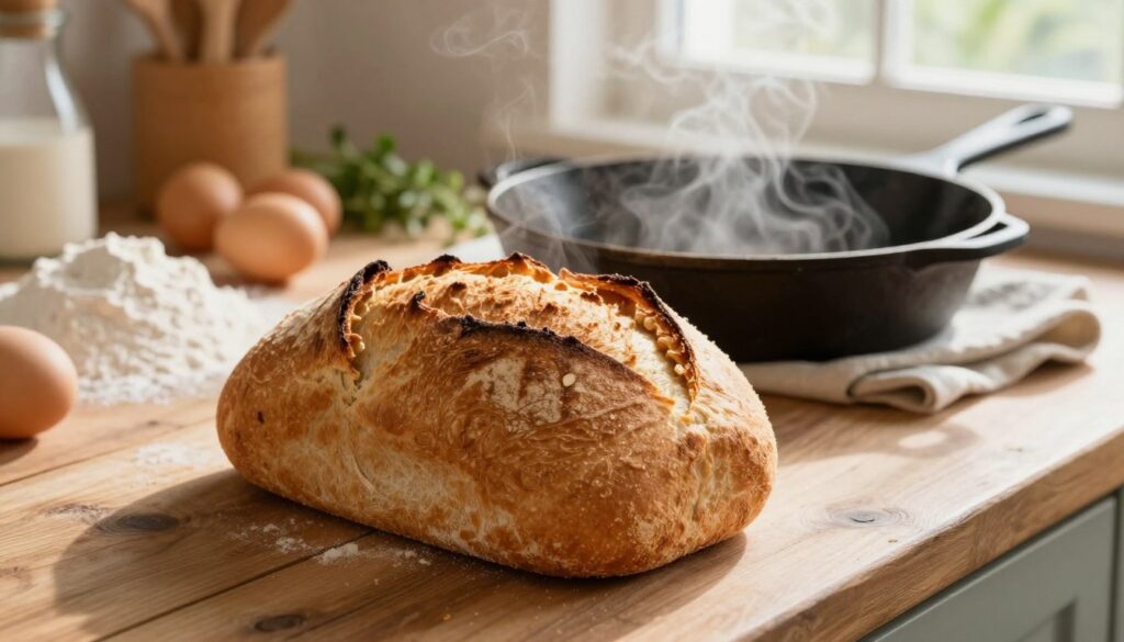 A golden-brown loaf of bread, freshly cooked in a skillet, sits prominently in the foreground. The surface of the bread is crusty, with small steam wisps rising to indicate warmth and freshness. In the middle ground, a cast iron skillet, slightly worn from use, lies on a rustic wooden kitchen table, surrounded by ingredients like flour, eggs, and a bowl of dough. Soft, diffused natural light streams in from a nearby window, casting gentle shadows and highlighting the textures. The background features blurred kitchen utensils and herbs, adding depth and context. The overall atmosphere is warm and inviting, showcasing the simplicity and charm of homemade cooking without the need for an oven. A golden-brown loaf of bread, freshly cooked in a skillet, sits prominently in the foreground. The surface of the bread is crusty, with small steam wisps rising to indicate warmth and freshness. In the middle ground, a cast iron skillet, slightly worn from use, lies on a rustic wooden kitchen table, surrounded by ingredients like flour, eggs, and a bowl of dough. Soft, diffused natural light streams in from a nearby window, casting gentle shadows and highlighting the textures. The background features blurred kitchen utensils and herbs, adding depth and context. The overall atmosphere is warm and inviting, showcasing the simplicity and charm of homemade cooking without the need for an oven.