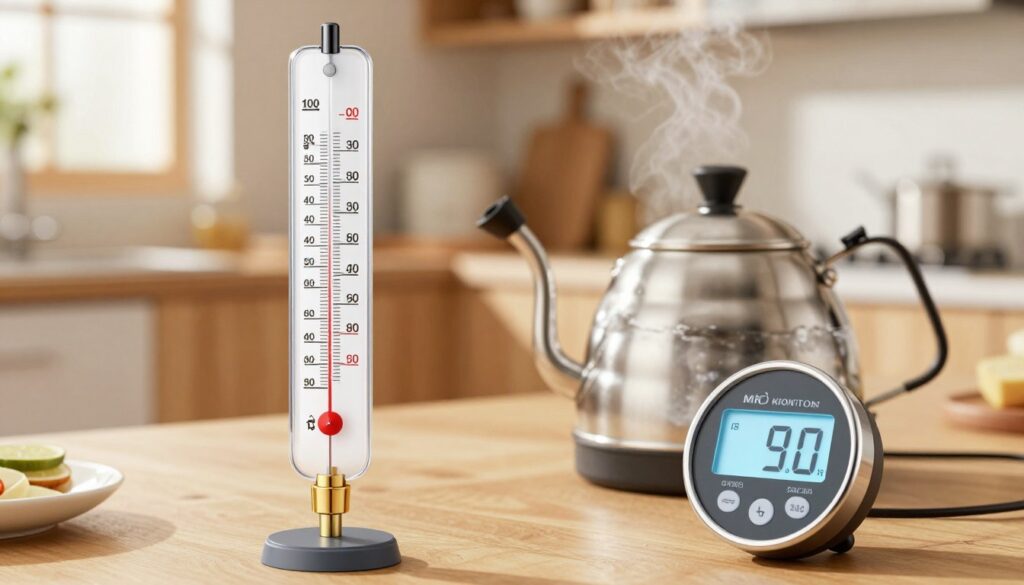 A high-quality illustration focusing on a home brewing setup featuring a water thermometer and a digital temperature gauge. In the foreground, prominently display a sleek, modern thermometer indicating optimal water temperatures, with clear markings and a digital screen glowing softly. In the middle, include a stainless steel brewing kettle filled with water, steam rising gently in the air, emphasizing the brewing process. The background showcases a cozy kitchen environment, with wooden cabinetry and bright, warm lighting to create an inviting atmosphere. The scene captures a sense of precision and care in home brewing, with a shallow depth of field highlighting the thermometer while softly blurring the distant elements. A high-quality illustration focusing on a home brewing setup featuring a water thermometer and a digital temperature gauge. In the foreground, prominently display a sleek, modern thermometer indicating optimal water temperatures, with clear markings and a digital screen glowing softly. In the middle, include a stainless steel brewing kettle filled with water, steam rising gently in the air, emphasizing the brewing process. The background showcases a cozy kitchen environment, with wooden cabinetry and bright, warm lighting to create an inviting atmosphere. The scene captures a sense of precision and care in home brewing, with a shallow depth of field highlighting the thermometer while softly blurring the distant elements.