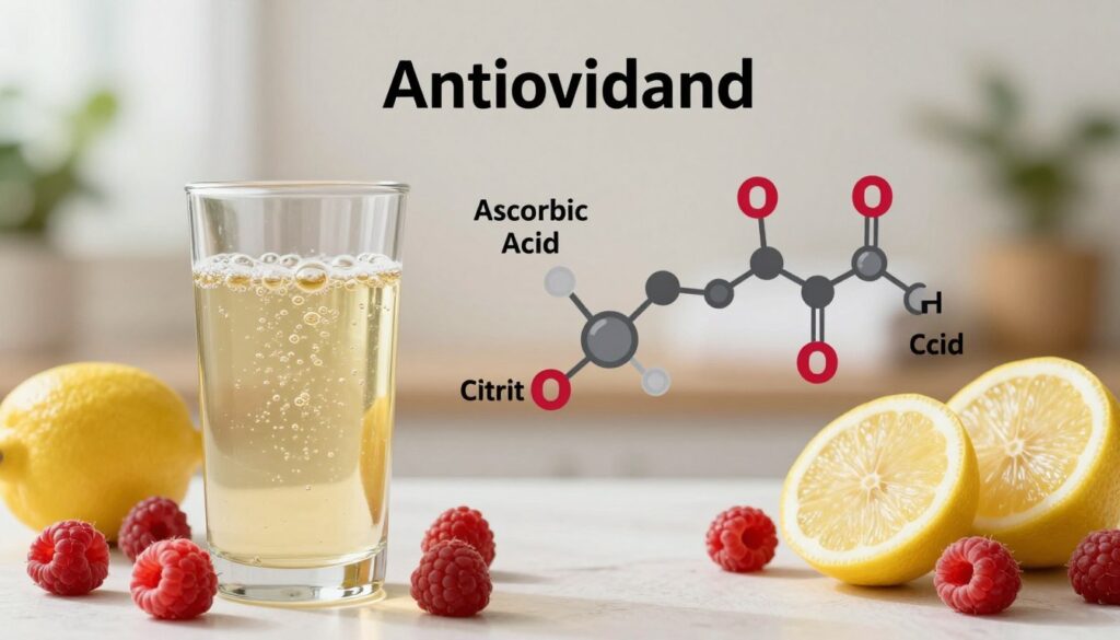 A high-resolution image showcasing the vital roles of antioxidants and organic acids in the human body. In the foreground, display a glass of kombucha with effervescent bubbles, surrounded by fresh, vibrant fruits like raspberries and lemon slices, symbolizing the natural ingredients. In the middle, elegantly arranged organic compounds, such as ascorbic acid and citric acid structures, can be illustrated, emphasizing their importance. The background features a serene wellness space with soft, natural lighting that enhances the mood of health and vitality. Use a warm color palette to convey comfort and nourishment. Include subtle plant elements to reinforce the organic theme. The composition should feel harmonious and educational, perfect for illustrating the benefits of these components in a holistic lifestyle. A high-resolution image showcasing the vital roles of antioxidants and organic acids in the human body. In the foreground, display a glass of kombucha with effervescent bubbles, surrounded by fresh, vibrant fruits like raspberries and lemon slices, symbolizing the natural ingredients. In the middle, elegantly arranged organic compounds, such as ascorbic acid and citric acid structures, can be illustrated, emphasizing their importance. The background features a serene wellness space with soft, natural lighting that enhances the mood of health and vitality. Use a warm color palette to convey comfort and nourishment. Include subtle plant elements to reinforce the organic theme. The composition should feel harmonious and educational, perfect for illustrating the benefits of these components in a holistic lifestyle.