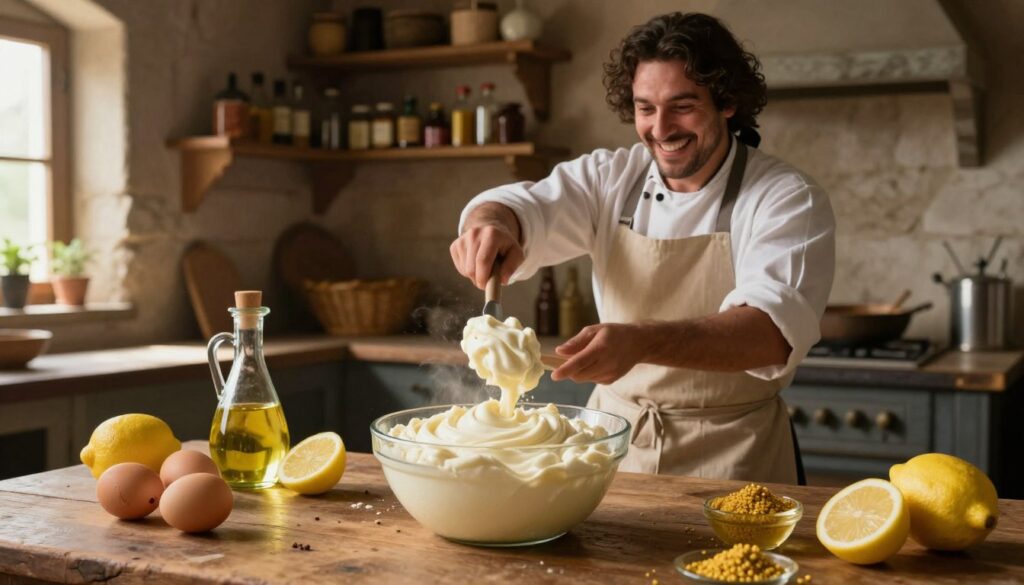 A historical depiction of the fascinating origin of mayonnaise, featuring a rustic kitchen setting from the 18th century. In the foreground, a wooden table is adorned with a glass bowl of creamy mayonnaise, surrounded by fresh, vibrant ingredients like eggs, oil, lemon, and mustard. In the midground, a cheerful, modestly-dressed chef, clad in a period-appropriate apron, skillfully whisks the mixture, captured in a dynamic motion. The background showcases stone-walled shelves filled with various condiments and spices, illuminated by warm, natural light filtering through a window, creating a cozy and inviting atmosphere. The overall mood evokes a sense of culinary tradition and artistry, highlighting the simple yet rich preparation of this classic sauce. A historical depiction of the fascinating origin of mayonnaise, featuring a rustic kitchen setting from the 18th century. In the foreground, a wooden table is adorned with a glass bowl of creamy mayonnaise, surrounded by fresh, vibrant ingredients like eggs, oil, lemon, and mustard. In the midground, a cheerful, modestly-dressed chef, clad in a period-appropriate apron, skillfully whisks the mixture, captured in a dynamic motion. The background showcases stone-walled shelves filled with various condiments and spices, illuminated by warm, natural light filtering through a window, creating a cozy and inviting atmosphere. The overall mood evokes a sense of culinary tradition and artistry, highlighting the simple yet rich preparation of this classic sauce.