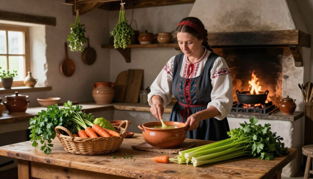 A historical scene depicting the origins of the name "włoszczyzna," featuring a rustic Polish kitchen from the 18th century. In the foreground, a wooden table is adorned with traditional Polish vegetables like carrots, parsley, and celery, elegantly arranged in a woven basket. In the middle, a peasant woman in modest, period-appropriate attire is preparing a hearty soup, surrounded by earthenware pots and herbs hanging from the ceiling. The background reveals a warm, inviting kitchen with stone walls and a fireplace softly illuminating the scene, creating a cozy atmosphere. Natural light filters through a small window, casting gentle shadows and highlighting the rich textures of the vegetables and kitchen utensils. The mood reflects the warmth of heritage, tradition, and the significance of these ingredients in Polish culinary history.