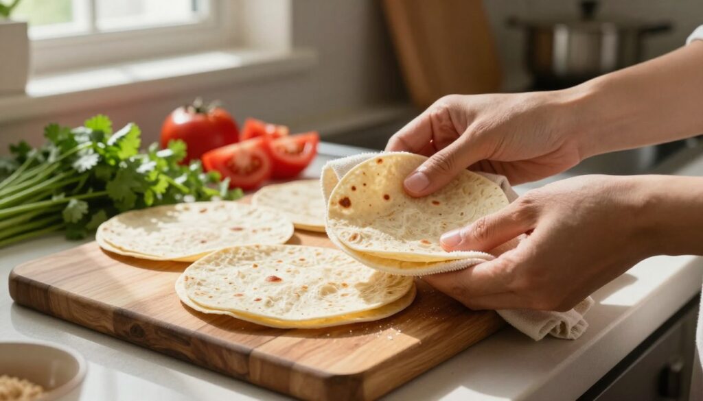 A kitchen scene featuring a close-up of a pair of hands gently refreshing dried tortillas. In the foreground, the hands are holding a moistened cloth wrapping around a stack of tortillas, showcasing their texture. The middle ground includes an attractive wooden cutting board with a few freshly made tortillas resting on it, slightly warped from heat. The background shows a cozy kitchen with soft, natural lighting filtering through a window, casting warm shadows. A few ingredients, like fresh cilantro and diced tomatoes, are artfully arranged in the backdrop, adding a homey feel. The mood is inviting and warm, emphasizing the idea of home cooking and preserving food freshness.