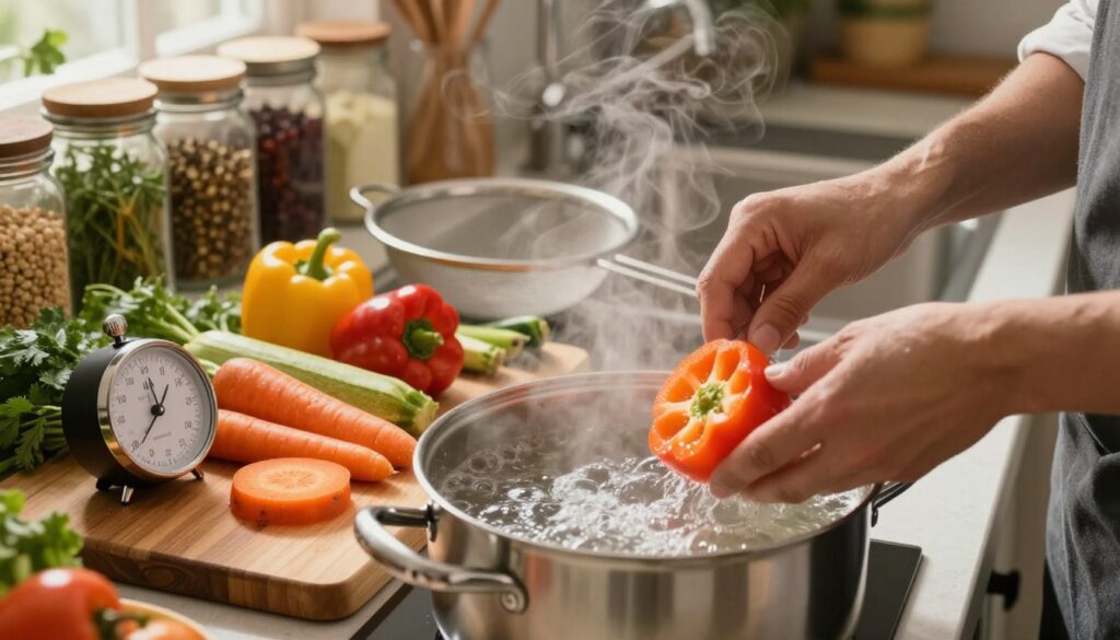 A kitchen scene focused on the techniques of potassium extraction from vegetables, featuring a wooden cutting board laden with a colorful variety of low-potassium vegetables such as carrots, zucchini, and bell peppers. In the foreground, a pot of boiling water bubbles softly, releasing steam, while a kitchen timer is set prominently nearby. The middle ground includes utensils like a slotted spoon and a sieve, with a backdrop of neatly organized jars containing herbs and spices, all surrounded by warm, soft kitchen lighting that creates a cozy atmosphere. The angle captures the action of a hands-on cook ready to demonstrate the process, evoking an informative and inviting mood. A kitchen scene focused on the techniques of potassium extraction from vegetables, featuring a wooden cutting board laden with a colorful variety of low-potassium vegetables such as carrots, zucchini, and bell peppers. In the foreground, a pot of boiling water bubbles softly, releasing steam, while a kitchen timer is set prominently nearby. The middle ground includes utensils like a slotted spoon and a sieve, with a backdrop of neatly organized jars containing herbs and spices, all surrounded by warm, soft kitchen lighting that creates a cozy atmosphere. The angle captures the action of a hands-on cook ready to demonstrate the process, evoking an informative and inviting mood.