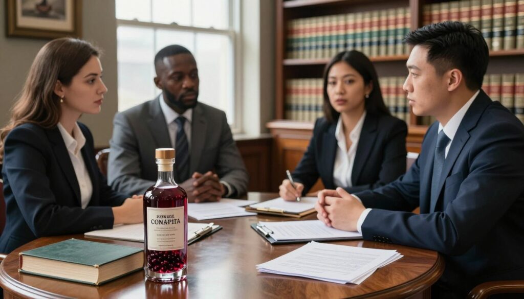 A legal office setting dedicated to alcohol production, featuring a polished wooden desk with legal documents, books on alcohol regulations, and a glass of homemade aronia spirit prominently displayed in the foreground. In the middle, a diverse group of four professionals—a Caucasian woman, a Black man, a Hispanic woman, and an Asian man—all dressed in business attire, engaged in a serious discussion about compliance in alcohol production. The background shows shelves filled with law books and a window with soft natural lighting illuminating the scene, suggesting a sense of professionalism and seriousness. The atmosphere is collaborative and focused, highlighting the legal aspects of crafting fruit-based spirits. A legal office setting dedicated to alcohol production, featuring a polished wooden desk with legal documents, books on alcohol regulations, and a glass of homemade aronia spirit prominently displayed in the foreground. In the middle, a diverse group of four professionals—a Caucasian woman, a Black man, a Hispanic woman, and an Asian man—all dressed in business attire, engaged in a serious discussion about compliance in alcohol production. The background shows shelves filled with law books and a window with soft natural lighting illuminating the scene, suggesting a sense of professionalism and seriousness. The atmosphere is collaborative and focused, highlighting the legal aspects of crafting fruit-based spirits.