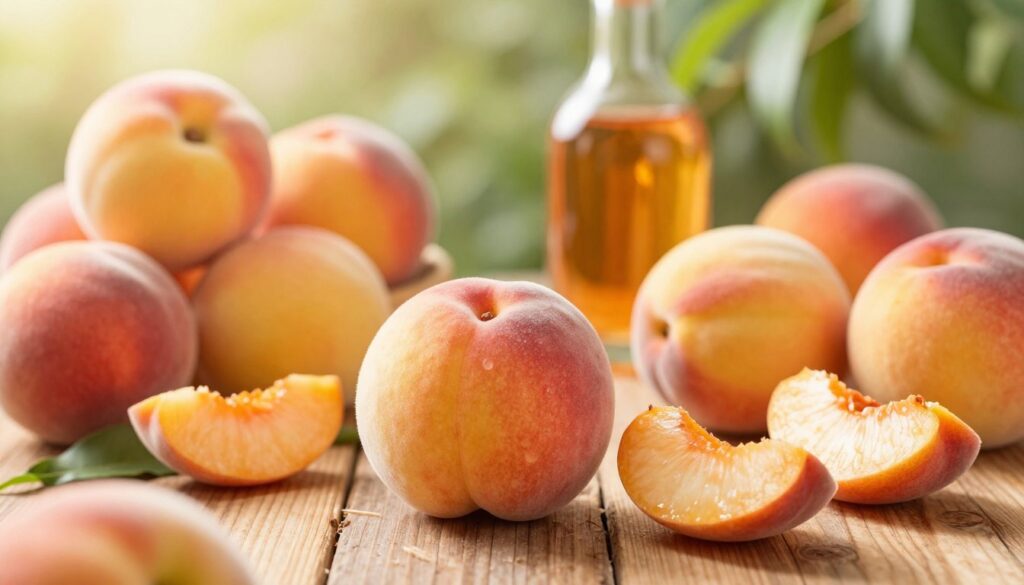 A lush arrangement of ripe peaches, their velvety skins glowing under soft, warm sunlight, showcases a variety of peach colors from vibrant yellow to blushing pink. In the foreground, a rustic wooden table holds a few freshly picked peaches, some whole and some sliced to reveal their juicy, succulent interiors. The middle ground features an elegant glass bottle of homemade peach liqueur, light catching the amber liquid, hinting at its sweetness and aromatic depth. The background blurs with a bokeh effect of green foliage, evoking the warmth of summer days. The scene embodies a cozy and inviting atmosphere, perfect for a sweet, fruity drink. Soft, diffused lighting enhances the warm, dreamy aesthetic, inviting the viewer to savor the moment. A lush arrangement of ripe peaches, their velvety skins glowing under soft, warm sunlight, showcases a variety of peach colors from vibrant yellow to blushing pink. In the foreground, a rustic wooden table holds a few freshly picked peaches, some whole and some sliced to reveal their juicy, succulent interiors. The middle ground features an elegant glass bottle of homemade peach liqueur, light catching the amber liquid, hinting at its sweetness and aromatic depth. The background blurs with a bokeh effect of green foliage, evoking the warmth of summer days. The scene embodies a cozy and inviting atmosphere, perfect for a sweet, fruity drink. Soft, diffused lighting enhances the warm, dreamy aesthetic, inviting the viewer to savor the moment.