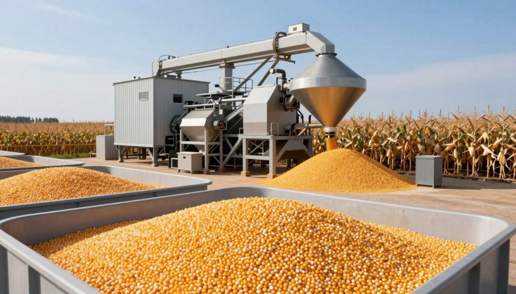 A modern industrial setting showcasing the applications of corn in agriculture and manufacturing. In the foreground, large containers filled with golden corn kernels, emphasizing the grain's role in industrial processes. In the middle ground, a sleek processing plant with machinery actively handling corn, converting it into various products like corn syrup and biofuel. The background features sprawling cornfields under a bright blue sky, illustrating the source of the grain. The lighting is warm and natural, highlighting the textures of the corn and machinery. The atmosphere is industrious and innovative, capturing the essence of corn's importance in the modern economy. The composition is shot at an eye-level view, providing a clear and engaging perspective of this industrious scene. A modern industrial setting showcasing the applications of corn in agriculture and manufacturing. In the foreground, large containers filled with golden corn kernels, emphasizing the grain's role in industrial processes. In the middle ground, a sleek processing plant with machinery actively handling corn, converting it into various products like corn syrup and biofuel. The background features sprawling cornfields under a bright blue sky, illustrating the source of the grain. The lighting is warm and natural, highlighting the textures of the corn and machinery. The atmosphere is industrious and innovative, capturing the essence of corn's importance in the modern economy. The composition is shot at an eye-level view, providing a clear and engaging perspective of this industrious scene.