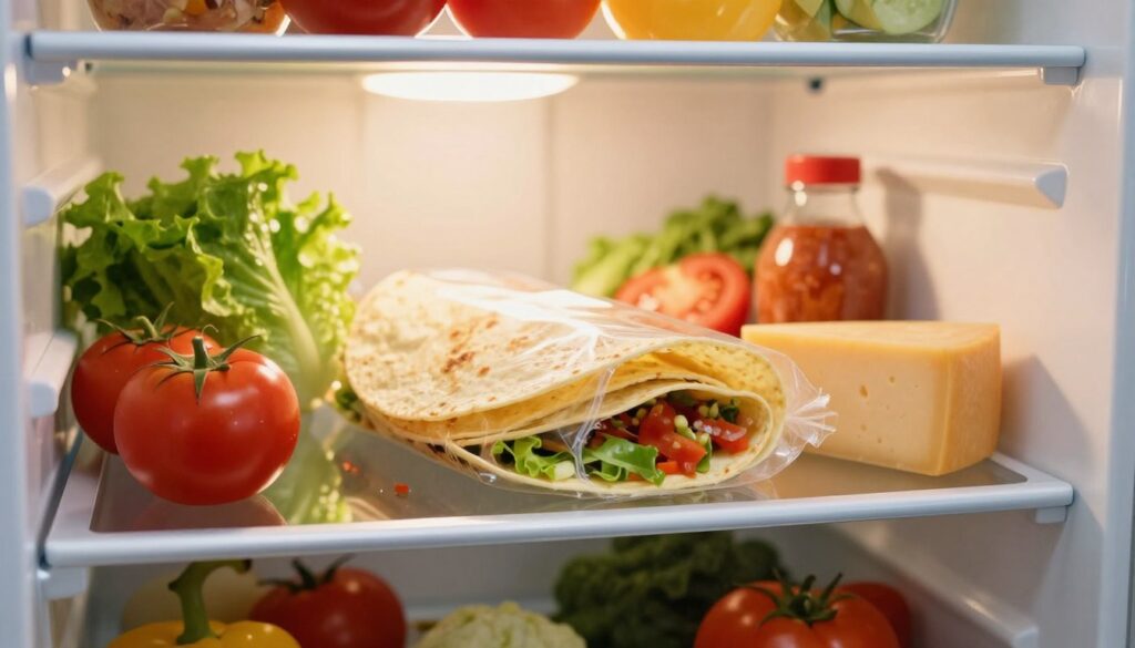 A modern kitchen scene featuring an organized refrigerator, predominantly showcasing a package of fresh tortillas prominently placed on the middle shelf. The tortillas should appear soft and inviting, with a slightly opened package to convey freshness. Surrounding the tortillas, include a variety of colorful vegetables and condiments in the fridge, such as lettuce, tomatoes, salsa, and cheese, arranged neatly to enhance the aspect of meal preparation. The background should feature shelf lighting that casts a warm, inviting glow. Use a soft focus lens to create a warm, homely atmosphere, with a depth of field effect that emphasizes the tortillas while keeping the refrigerator's contents slightly blurred. The overall mood should be clean, bright, and appealing, reflecting a well-organized storage space for maintaining food freshness.