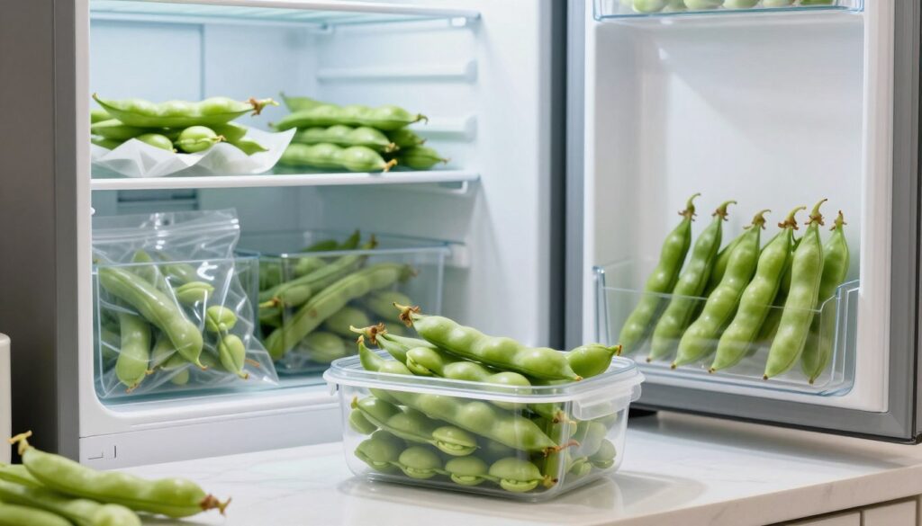 A modern kitchen scene featuring fresh fava beans being stored in a fridge and freezer. In the foreground, a transparent container filled with vibrant green fava beans is placed on a counter, displaying the texture and color of the beans. The middle ground shows an open refrigerator with carefully organized shelves, some beans wrapped in parchment paper, and others in clear plastic bags. In the background, a sleek freezer door is slightly ajar, revealing more beans inside. Soft, natural lighting streams in from a nearby window, creating a bright and inviting atmosphere. The composition should capture a sense of freshness and organization, highlighting the best ways to preserve fava beans for maximum flavor. A modern kitchen scene featuring fresh fava beans being stored in a fridge and freezer. In the foreground, a transparent container filled with vibrant green fava beans is placed on a counter, displaying the texture and color of the beans. The middle ground shows an open refrigerator with carefully organized shelves, some beans wrapped in parchment paper, and others in clear plastic bags. In the background, a sleek freezer door is slightly ajar, revealing more beans inside. Soft, natural lighting streams in from a nearby window, creating a bright and inviting atmosphere. The composition should capture a sense of freshness and organization, highlighting the best ways to preserve fava beans for maximum flavor.