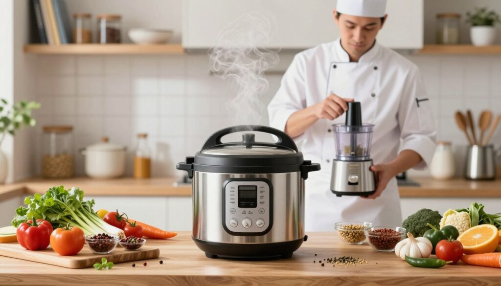 A modern kitchen scene showcasing various time-saving cooking techniques. In the foreground, a bright, stainless steel pressure cooker emits steam, symbolizing quick cooking. Surrounding it, an array of colorful, organized ingredients (vegetables, spices, and grains) neatly arranged on a wooden cutting board. The middle ground features a professional chef in a white apron and chef's hat, demonstrating the use of a food processor. In the background, shelves filled with kitchen gadgets and cookbooks reveal a hint of a cozy, warmly-lit ambiance. Soft, natural light floods the scene, highlighting the textures of the ingredients and the polished surfaces, creating an inviting atmosphere of culinary efficiency and creativity. A modern kitchen scene showcasing various time-saving cooking techniques. In the foreground, a bright, stainless steel pressure cooker emits steam, symbolizing quick cooking. Surrounding it, an array of colorful, organized ingredients (vegetables, spices, and grains) neatly arranged on a wooden cutting board. The middle ground features a professional chef in a white apron and chef's hat, demonstrating the use of a food processor. In the background, shelves filled with kitchen gadgets and cookbooks reveal a hint of a cozy, warmly-lit ambiance. Soft, natural light floods the scene, highlighting the textures of the ingredients and the polished surfaces, creating an inviting atmosphere of culinary efficiency and creativity.