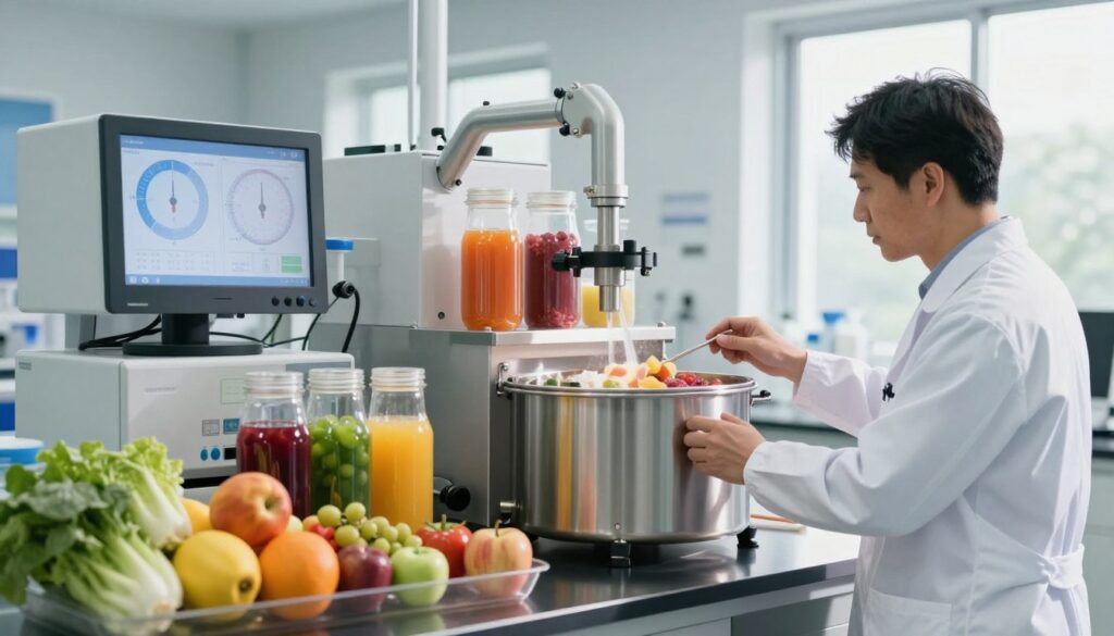 A modern laboratory setting focused on food processing, highlighting the optimization of pasteurization methods to preserve nutrients. In the foreground, a researcher in a lab coat carefully monitors a high-tech pasteurization machine, with vibrant fruits and vegetables neatly arranged on a counter. In the middle ground, advanced equipment displays temperature and time metrics, while glass containers showcase colorful juices and purees, reflecting their freshness. The background features large windows with natural light streaming in, creating a bright and inviting atmosphere. Soft shadows enhance the details of the lab's sleek design, emphasizing a sense of professionalism and scientific precision. The mood is focused and innovative, capturing the essence of maintaining nutritional value during food preservation. A modern laboratory setting focused on food processing, highlighting the optimization of pasteurization methods to preserve nutrients. In the foreground, a researcher in a lab coat carefully monitors a high-tech pasteurization machine, with vibrant fruits and vegetables neatly arranged on a counter. In the middle ground, advanced equipment displays temperature and time metrics, while glass containers showcase colorful juices and purees, reflecting their freshness. The background features large windows with natural light streaming in, creating a bright and inviting atmosphere. Soft shadows enhance the details of the lab's sleek design, emphasizing a sense of professionalism and scientific precision. The mood is focused and innovative, capturing the essence of maintaining nutritional value during food preservation.