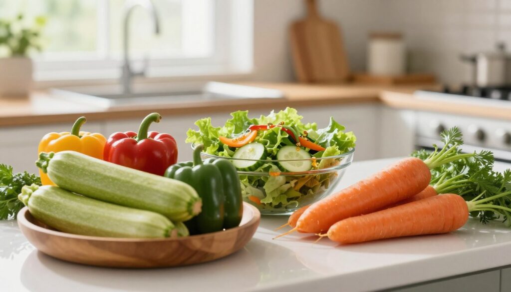 A neatly arranged kitchen countertop featuring a vibrant array of low-potassium vegetables. In the foreground, showcase fresh zucchini, bell peppers, and carrots, beautifully displayed in a wooden bowl. In the middle, include a refreshing salad made with lettuce and cucumber, drizzled with a light vinaigrette. The background should consist of a sunny kitchen with soft, natural light filtering through a window, illuminating the fresh produce and enhancing the colors. Use a shallow depth of field to keep the focus on the vegetables while softly blurring the kitchen surroundings. The overall mood should be bright and inviting, conveying a sense of health and well-being in daily meal preparation. No text or graphic elements present. A neatly arranged kitchen countertop featuring a vibrant array of low-potassium vegetables. In the foreground, showcase fresh zucchini, bell peppers, and carrots, beautifully displayed in a wooden bowl. In the middle, include a refreshing salad made with lettuce and cucumber, drizzled with a light vinaigrette. The background should consist of a sunny kitchen with soft, natural light filtering through a window, illuminating the fresh produce and enhancing the colors. Use a shallow depth of field to keep the focus on the vegetables while softly blurring the kitchen surroundings. The overall mood should be bright and inviting, conveying a sense of health and well-being in daily meal preparation. No text or graphic elements present.