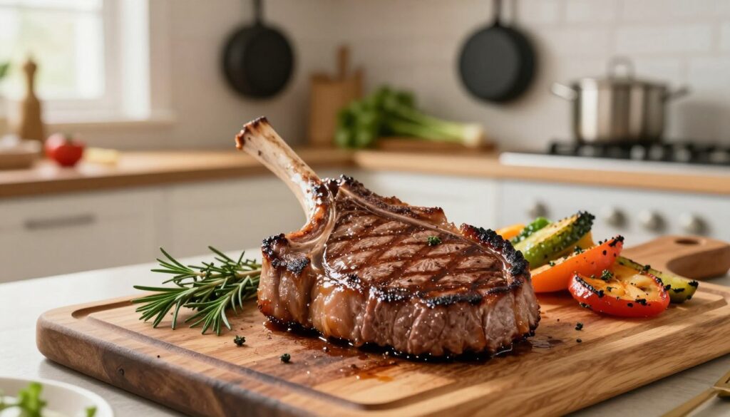A perfectly grilled rib-eye steak, showcasing its juicy, marbled texture, sits prominently on a rustic wooden cutting board. The steak is accompanied by fresh herbs like rosemary and thyme, enhancing its appeal, while a side of colorful, roasted vegetables adds vibrancy. In the background, a kitchen setting softly illuminated by warm, natural light creates a cozy atmosphere, with pots and pans hanging on the wall and fresh ingredients neatly arranged on a countertop. The angle is slightly overhead, capturing the steak in sharp focus, while the blurred background evokes a sense of home cooking. This inviting scene conveys the essence of delicious, perfectly cooked meat preparation. A perfectly grilled rib-eye steak, showcasing its juicy, marbled texture, sits prominently on a rustic wooden cutting board. The steak is accompanied by fresh herbs like rosemary and thyme, enhancing its appeal, while a side of colorful, roasted vegetables adds vibrancy. In the background, a kitchen setting softly illuminated by warm, natural light creates a cozy atmosphere, with pots and pans hanging on the wall and fresh ingredients neatly arranged on a countertop. The angle is slightly overhead, capturing the steak in sharp focus, while the blurred background evokes a sense of home cooking. This inviting scene conveys the essence of delicious, perfectly cooked meat preparation.