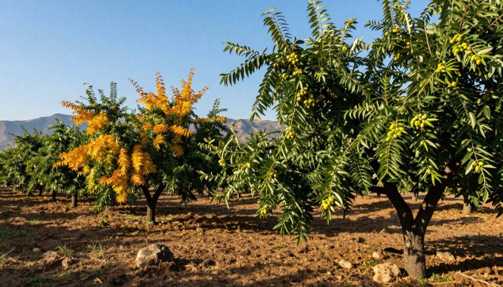 A picturesque almond orchard under a clear blue sky, showcasing healthy, lush pistachio trees with their distinctive foliage. In the foreground, a close-up view of sun-drenched green and slightly ripening pistachio nuts clusters, surrounded by rich brown soil and a few small rocks. The middle ground features rows of pistachio trees, with some trees displaying vibrant yellow-orange leaves, blending autumn hues. A distant mountain range provides a striking backdrop, hinting at the ideal climate for pistachios. The scene is bathed in warm, golden sunlight, creating a serene and inviting atmosphere. Shot with a wide-angle lens to capture the depth of the orchard and the expansive sky above, evoking a sense of tranquility and abundance as the importance of climatic conditions is highlighted. A picturesque almond orchard under a clear blue sky, showcasing healthy, lush pistachio trees with their distinctive foliage. In the foreground, a close-up view of sun-drenched green and slightly ripening pistachio nuts clusters, surrounded by rich brown soil and a few small rocks. The middle ground features rows of pistachio trees, with some trees displaying vibrant yellow-orange leaves, blending autumn hues. A distant mountain range provides a striking backdrop, hinting at the ideal climate for pistachios. The scene is bathed in warm, golden sunlight, creating a serene and inviting atmosphere. Shot with a wide-angle lens to capture the depth of the orchard and the expansive sky above, evoking a sense of tranquility and abundance as the importance of climatic conditions is highlighted.