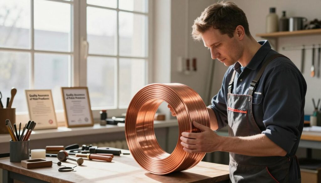A polished, modern workshop setting featuring a skilled Polish craftsman inspecting a copper coil, symbolizing "Quality Assurance of Polish Producers." In the foreground, the craftsman, dressed in a professional workshop outfit, focuses intently on the copper coil, highlighting its shiny texture and intricate design. In the middle ground, neatly arranged tools and quality certificates are visible, showcasing the dedication to craftsmanship. The background features warm, natural lighting streaming in through large windows, casting soft shadows and creating an inviting atmosphere. The overall mood is one of pride and professionalism, emphasizing the high standards and quality assurance associated with Polish production. The composition captures the essence of excellence in manufacturing, with a focus on detail and expertise.