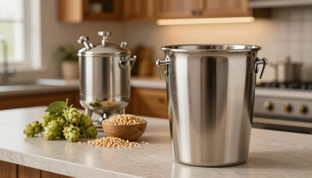 A polished stainless steel beer cooler prominently displayed in the foreground, glistening under soft, warm lighting that highlights its sleek surface and reflects the surrounding items. In the middle ground, an array of brewing equipment—such as a fermentation vessel, hops, and barley—enhances the scene, indicating a home brewing environment. The background features a cozy kitchen with wooden cabinets and a faint glow from a window, creating a warm and inviting atmosphere. The overall mood is both functional and elegant, emphasizing the importance of quality materials in brewing. The image is captured from a slightly elevated angle, providing a comprehensive view of the beer cooler and equipment while maintaining a clean and professional aesthetic. No text or markings are included. A polished stainless steel beer cooler prominently displayed in the foreground, glistening under soft, warm lighting that highlights its sleek surface and reflects the surrounding items. In the middle ground, an array of brewing equipment—such as a fermentation vessel, hops, and barley—enhances the scene, indicating a home brewing environment. The background features a cozy kitchen with wooden cabinets and a faint glow from a window, creating a warm and inviting atmosphere. The overall mood is both functional and elegant, emphasizing the importance of quality materials in brewing. The image is captured from a slightly elevated angle, providing a comprehensive view of the beer cooler and equipment while maintaining a clean and professional aesthetic. No text or markings are included.