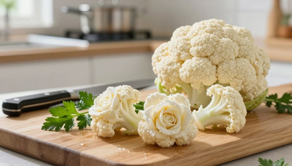 A preparation scene focusing on cauliflower florets ready for cooking. The foreground features freshly cut cauliflower roses, their white delicate petals glistening with water droplets, placed on a clean wooden cutting board. In the middle, a chef's knife rests beside the cauliflower, with a sprig of fresh parsley for garnish. The background shows a softly blurred kitchen setting, with pots and pans suggestively hinting at a warm, inviting cooking atmosphere. Natural light streams in from a nearby window, illuminating the scene and creating soft shadows. The overall mood is fresh, vibrant, and culinary-focused, capturing the essence of preparing vegetables for cooking. A preparation scene focusing on cauliflower florets ready for cooking. The foreground features freshly cut cauliflower roses, their white delicate petals glistening with water droplets, placed on a clean wooden cutting board. In the middle, a chef's knife rests beside the cauliflower, with a sprig of fresh parsley for garnish. The background shows a softly blurred kitchen setting, with pots and pans suggestively hinting at a warm, inviting cooking atmosphere. Natural light streams in from a nearby window, illuminating the scene and creating soft shadows. The overall mood is fresh, vibrant, and culinary-focused, capturing the essence of preparing vegetables for cooking.
