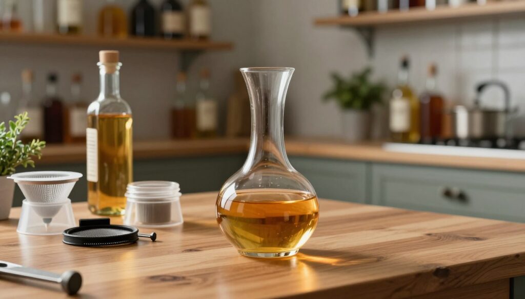A professional kitchen setting, with a polished wooden table in the foreground, where a clear glass decanter filled with freshly clarified nalewka catches the light, showcasing its shimmering clarity. Beside it, a variety of professional clarification tools such as filters and fining agents are neatly arranged. In the middle ground, a soft-focused background reveals shelves filled with various glass bottles and herbs, hinting at the DIY nature of the process. The lighting is warm and inviting, emphasizing the golden hue of the nalewka, while soft shadows add depth. The mood is serene and informative, aiming to convey the artistry and precision of professional clarification techniques without distractions. A professional kitchen setting, with a polished wooden table in the foreground, where a clear glass decanter filled with freshly clarified nalewka catches the light, showcasing its shimmering clarity. Beside it, a variety of professional clarification tools such as filters and fining agents are neatly arranged. In the middle ground, a soft-focused background reveals shelves filled with various glass bottles and herbs, hinting at the DIY nature of the process. The lighting is warm and inviting, emphasizing the golden hue of the nalewka, while soft shadows add depth. The mood is serene and informative, aiming to convey the artistry and precision of professional clarification techniques without distractions.