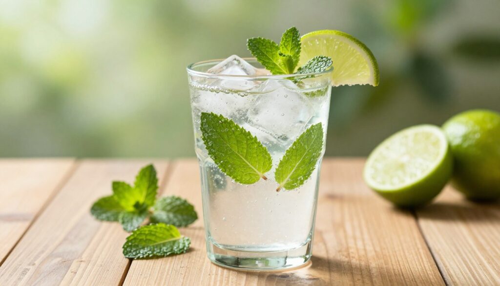 A refreshing, beautifully arranged glass of sparkling water is at the forefront, filled with ice cubes, bright green mint leaves, and juicy lime wedges. The glass is elegantly placed on a wooden table, glistening under soft, natural light that highlights the bubbles rising through the water. In the middle background, a few scattered mint leaves and sliced limes are visible, hinting at the mocktail's fresh ingredients. The background features a softly blurred, sunny outdoor scene with greenery, creating an uplifting, vibrant atmosphere. The overall mood is refreshing and inviting, perfect for illustrating a revitalizing drink. The image is captured with a shallow depth of field, enhancing focus on the glass, while maintaining a dreamy, inviting feel. The composition conveys a sense of coolness and thirst-quenching delight. A refreshing, beautifully arranged glass of sparkling water is at the forefront, filled with ice cubes, bright green mint leaves, and juicy lime wedges. The glass is elegantly placed on a wooden table, glistening under soft, natural light that highlights the bubbles rising through the water. In the middle background, a few scattered mint leaves and sliced limes are visible, hinting at the mocktail's fresh ingredients. The background features a softly blurred, sunny outdoor scene with greenery, creating an uplifting, vibrant atmosphere. The overall mood is refreshing and inviting, perfect for illustrating a revitalizing drink. The image is captured with a shallow depth of field, enhancing focus on the glass, while maintaining a dreamy, inviting feel. The composition conveys a sense of coolness and thirst-quenching delight.