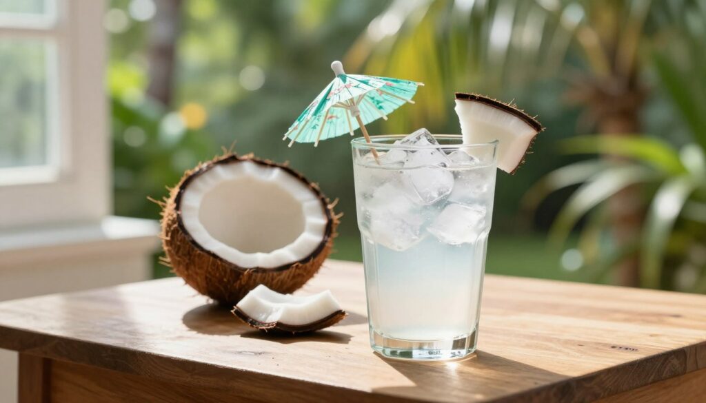A refreshing scene featuring coconut water in a glass with ice cubes, situated on a simple wooden table. In the foreground, highlight a clear glass filled with coconut water, garnished with a slice of fresh coconut and a small green umbrella. Soft sunlight streams through a nearby window, creating gentle reflections on the glass. In the middle background, a half-open coconut shell rests alongside a few coconut pieces, enhancing the natural theme. The backdrop showcases a blurred tropical garden, adding a vibrant touch of green foliage and palm trees. The overall mood is serene and refreshing, evoking a sense of health and wellness, perfect for allergy safety discussions. Use a wide-angle lens to capture the scene, ensuring soft focus on the background while keeping the glass sharp and inviting. A refreshing scene featuring coconut water in a glass with ice cubes, situated on a simple wooden table. In the foreground, highlight a clear glass filled with coconut water, garnished with a slice of fresh coconut and a small green umbrella. Soft sunlight streams through a nearby window, creating gentle reflections on the glass. In the middle background, a half-open coconut shell rests alongside a few coconut pieces, enhancing the natural theme. The backdrop showcases a blurred tropical garden, adding a vibrant touch of green foliage and palm trees. The overall mood is serene and refreshing, evoking a sense of health and wellness, perfect for allergy safety discussions. Use a wide-angle lens to capture the scene, ensuring soft focus on the background while keeping the glass sharp and inviting.