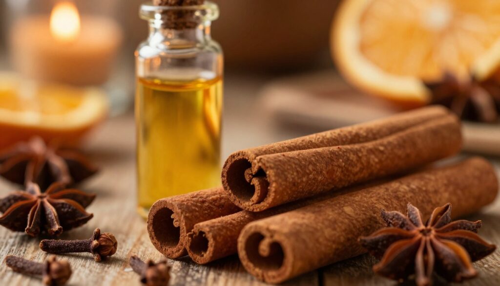 A rich and inviting close-up of cinnamon and cloves, capturing the essence of "goździki cynamon aromat." In the foreground, arrange whole cinnamon sticks with deep, warm hues, surrounded by delicate, star-shaped cloves. The middle ground features a small glass vial filled with fragrant, golden-orange essential oil, hinting at the citrus notes. In the background, softly blurred, showcase a cozy winter setting with softly glowing amber light, hinting at simmering orange peels and spices in a rustic kitchen. Capture the scene with warm, inviting lighting to evoke a feeling of warmth and comfort, suggesting a winter atmosphere. Use a macro lens perspective to highlight the textures of the spices, focusing on the intricate details and earthy tones that evoke a sense of indulgence and richness.