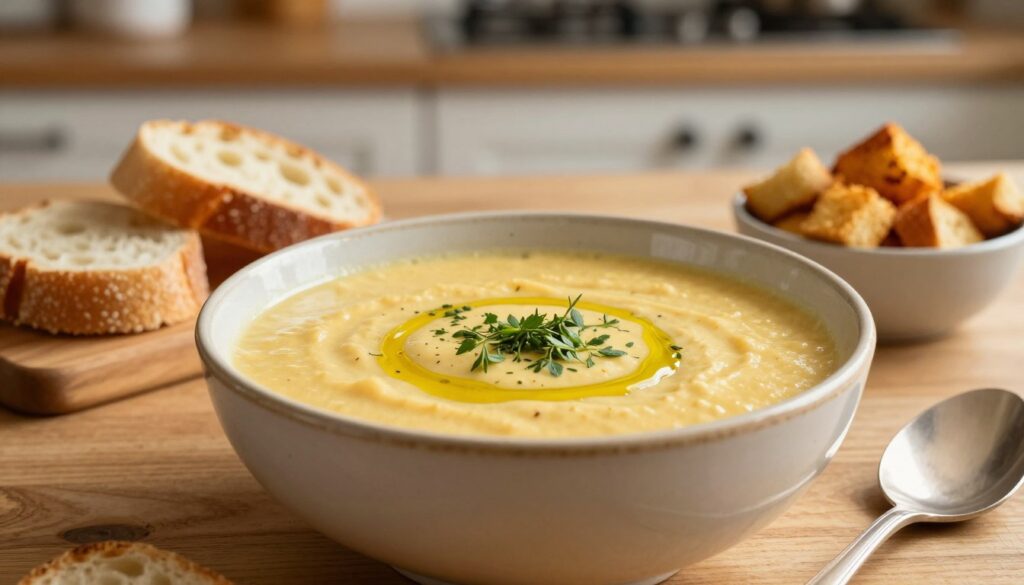 A rich, creamy zupa krem served in a rustic ceramic bowl, garnished with a sprinkle of fresh herbs and a drizzle of olive oil. In the foreground, the bowl is centered on a wooden table, with a silver spoon resting beside it. The creamy soup has a velvety texture and an inviting golden-yellow hue. In the middle ground, include a few slices of freshly baked bread and a small dish of spiced croutons, complementing the soup. The background features a softly blurred kitchen setting with warm lighting, creating a cozy atmosphere. The overall mood is warm and inviting, perfect for a family meal. Use a shallow depth of field to focus on the bowl while subtly incorporating hints of a homey kitchen ambiance. A rich, creamy zupa krem served in a rustic ceramic bowl, garnished with a sprinkle of fresh herbs and a drizzle of olive oil. In the foreground, the bowl is centered on a wooden table, with a silver spoon resting beside it. The creamy soup has a velvety texture and an inviting golden-yellow hue. In the middle ground, include a few slices of freshly baked bread and a small dish of spiced croutons, complementing the soup. The background features a softly blurred kitchen setting with warm lighting, creating a cozy atmosphere. The overall mood is warm and inviting, perfect for a family meal. Use a shallow depth of field to focus on the bowl while subtly incorporating hints of a homey kitchen ambiance.