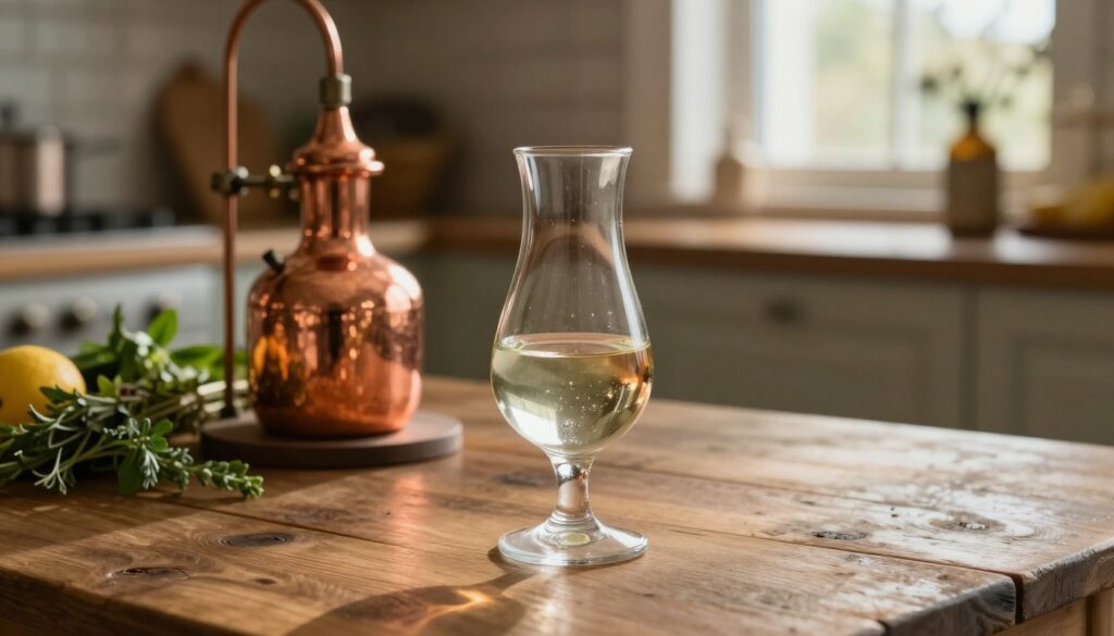 A richly detailed glass vessel showcasing a refined destylat, highlighting its crystal-clear appearance and subtle hues. In the foreground, the glass sits on a rustic wooden table, catching the warm glow of soft, ambient lighting. Reflections of light dance along the surface, emphasizing the purity and quality of the distillate. In the middle ground, a small copper still glimmers, hinting at the meticulous distillation process, surrounded by fresh herbs and fruits that represent the aromatic notes in the drink. The background features a softly blurred kitchen setting with a warm, inviting atmosphere, bathed in natural light streaming through a window. The overall mood is one of craftsmanship and appreciation for quality flavor, perfect for showcasing the essence of the destylat. A richly detailed glass vessel showcasing a refined destylat, highlighting its crystal-clear appearance and subtle hues. In the foreground, the glass sits on a rustic wooden table, catching the warm glow of soft, ambient lighting. Reflections of light dance along the surface, emphasizing the purity and quality of the distillate. In the middle ground, a small copper still glimmers, hinting at the meticulous distillation process, surrounded by fresh herbs and fruits that represent the aromatic notes in the drink. The background features a softly blurred kitchen setting with a warm, inviting atmosphere, bathed in natural light streaming through a window. The overall mood is one of craftsmanship and appreciation for quality flavor, perfect for showcasing the essence of the destylat.