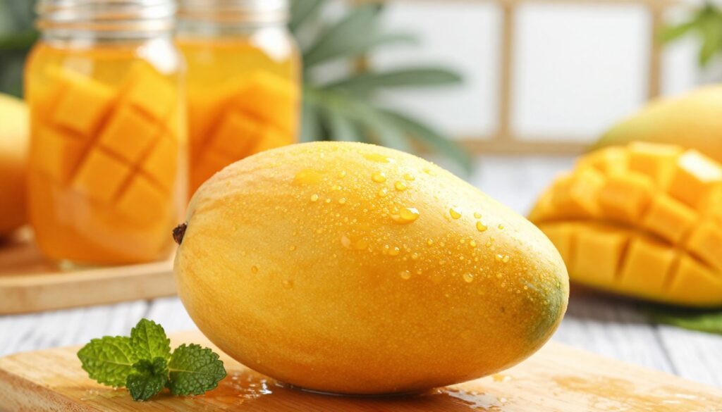 A ripe, golden mango sits prominently in the foreground, showcasing its lush, sun-kissed skin with droplets of water glistening on its surface. The mango is partially sliced open, revealing the bright orange flesh inside, which looks juicy and inviting. In the middle ground, a hand is gently holding the mango, suggesting the human element of the maceration process, while a few scattered mint leaves add a contrast of green. In the background, a softly blurred kitchen setting features glass jars filled with infused mango slices in a rich amber liquid, illuminated by warm, natural sunlight pouring through a window. The overall atmosphere is warm and inviting, conveying a sense of tropical freshness and homemade craft. The image is taken with a macro lens, focusing on texture and color vibrancy, creating a mouth-watering appeal. A ripe, golden mango sits prominently in the foreground, showcasing its lush, sun-kissed skin with droplets of water glistening on its surface. The mango is partially sliced open, revealing the bright orange flesh inside, which looks juicy and inviting. In the middle ground, a hand is gently holding the mango, suggesting the human element of the maceration process, while a few scattered mint leaves add a contrast of green. In the background, a softly blurred kitchen setting features glass jars filled with infused mango slices in a rich amber liquid, illuminated by warm, natural sunlight pouring through a window. The overall atmosphere is warm and inviting, conveying a sense of tropical freshness and homemade craft. The image is taken with a macro lens, focusing on texture and color vibrancy, creating a mouth-watering appeal.