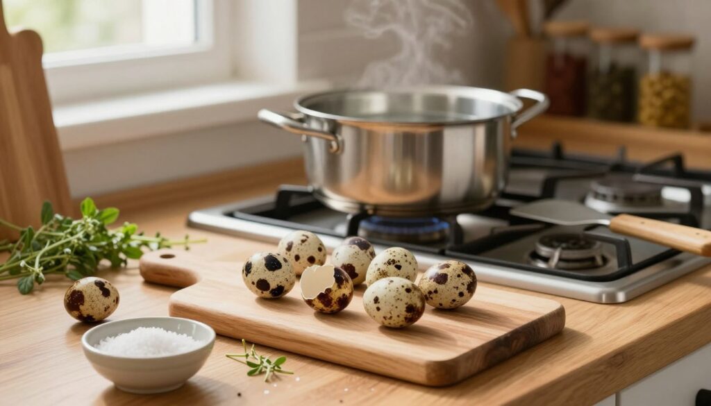 A rustic kitchen countertop set for preparing quail eggs before cooking, featuring a delicate wooden cutting board adorned with several fresh quail eggs in their speckled shells. In the foreground, a small bowl contains salt, and a sprig of fresh herbs adds a pop of color. In the middle, a bright stainless steel pot is filled with water, awaiting to be placed on a gas stove, with a simple spatula resting beside it. The background reveals warm, inviting kitchen elements, such as neatly arranged utensils and wooden shelves with spices. Soft, natural light filters through a nearby window, creating a cozy and homely atmosphere, with a shallow depth of field focusing on the eggs, enhancing the feeling of warmth and preparation. A rustic kitchen countertop set for preparing quail eggs before cooking, featuring a delicate wooden cutting board adorned with several fresh quail eggs in their speckled shells. In the foreground, a small bowl contains salt, and a sprig of fresh herbs adds a pop of color. In the middle, a bright stainless steel pot is filled with water, awaiting to be placed on a gas stove, with a simple spatula resting beside it. The background reveals warm, inviting kitchen elements, such as neatly arranged utensils and wooden shelves with spices. Soft, natural light filters through a nearby window, creating a cozy and homely atmosphere, with a shallow depth of field focusing on the eggs, enhancing the feeling of warmth and preparation.