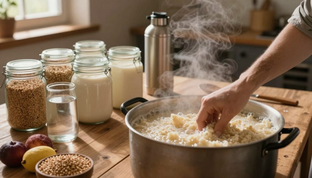 A rustic kitchen scene centered around the process of fermentation, showcasing a wooden table filled with essential ingredients like grains, fruits, and water in glass containers. In the foreground, a hand stirs a large pot of bubbling mash, with steam rising gently. The middle ground features neatly organized jars of yeast and a thermos for temperature control. The background captures a warm, inviting light filtering through a window, casting soft shadows that enhance the cozy atmosphere of home brewing. The image conveys an artisanal and educational feel, highlighting the basic principles of preparing a mash for fermentation. The overall mood is one of craftsmanship and tradition, with earthy tones predominating. A rustic kitchen scene centered around the process of fermentation, showcasing a wooden table filled with essential ingredients like grains, fruits, and water in glass containers. In the foreground, a hand stirs a large pot of bubbling mash, with steam rising gently. The middle ground features neatly organized jars of yeast and a thermos for temperature control. The background captures a warm, inviting light filtering through a window, casting soft shadows that enhance the cozy atmosphere of home brewing. The image conveys an artisanal and educational feel, highlighting the basic principles of preparing a mash for fermentation. The overall mood is one of craftsmanship and tradition, with earthy tones predominating.