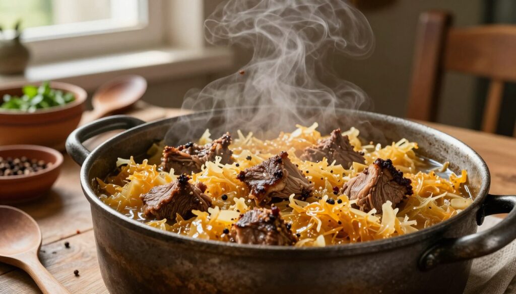 A rustic kitchen scene featuring a steaming pot of bigos, a traditional Polish dish made with sauerkraut, meats, and spices. In the foreground, focus on the vibrant colors of the ingredients, with chunks of tender meat and rich, golden cabbage blending together. The pot, textured and slightly worn, bubbles gently, releasing savory aromas. In the middle, a wooden table is set with authentic Polish utensils, like a wooden spoon and ceramic bowls filled with fresh herbs and spices. The background reveals warm, ambient lighting from a window, casting soft shadows and highlighting the cozy, inviting atmosphere of home cooking. The image exudes a sense of tradition and comfort, emphasizing the magic of long cooking and the melding of flavors in this beloved dish. A rustic kitchen scene featuring a steaming pot of bigos, a traditional Polish dish made with sauerkraut, meats, and spices. In the foreground, focus on the vibrant colors of the ingredients, with chunks of tender meat and rich, golden cabbage blending together. The pot, textured and slightly worn, bubbles gently, releasing savory aromas. In the middle, a wooden table is set with authentic Polish utensils, like a wooden spoon and ceramic bowls filled with fresh herbs and spices. The background reveals warm, ambient lighting from a window, casting soft shadows and highlighting the cozy, inviting atmosphere of home cooking. The image exudes a sense of tradition and comfort, emphasizing the magic of long cooking and the melding of flavors in this beloved dish.