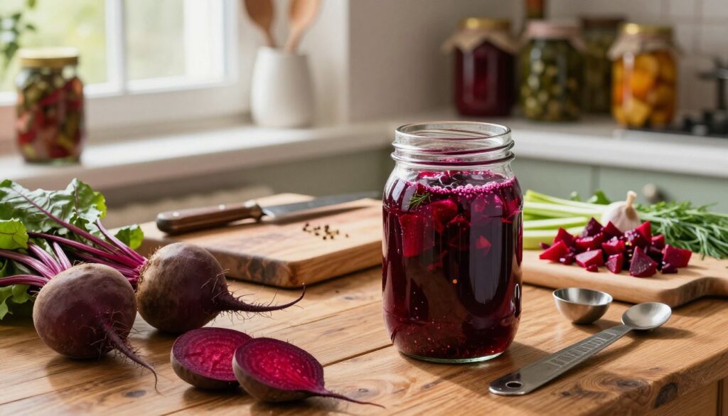 A rustic kitchen scene featuring a wooden table adorned with fresh beets in various sizes and shades, showcasing their earthy tones of deep red and purple. In the foreground, a large, clear glass jar filled with dark, bubbling beetroot ferment, with spices like garlic and dill visible within. Surrounding the jar are measuring spoons and a cutting board with chopped vegetables, ready for preparation. The middle ground reveals a well-worn wooden cutting board and knife, alongside an assortment of kitchen utensils. Soft, warm lighting filters through a nearby window, creating a cozy, inviting atmosphere, enhancing the vibrant colors of the beets. The background presents shelves lined with jars of pickled vegetables, emphasizing the theme of home cooking and preservation. The scene evokes a sense of tradition and warmth, perfect for illustrating the preparation process of beetroot for borscht. A rustic kitchen scene featuring a wooden table adorned with fresh beets in various sizes and shades, showcasing their earthy tones of deep red and purple. In the foreground, a large, clear glass jar filled with dark, bubbling beetroot ferment, with spices like garlic and dill visible within. Surrounding the jar are measuring spoons and a cutting board with chopped vegetables, ready for preparation. The middle ground reveals a well-worn wooden cutting board and knife, alongside an assortment of kitchen utensils. Soft, warm lighting filters through a nearby window, creating a cozy, inviting atmosphere, enhancing the vibrant colors of the beets. The background presents shelves lined with jars of pickled vegetables, emphasizing the theme of home cooking and preservation. The scene evokes a sense of tradition and warmth, perfect for illustrating the preparation process of beetroot for borscht.