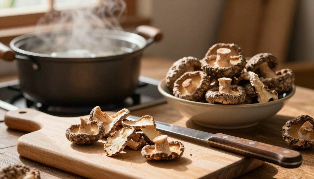 A rustic kitchen scene featuring the preparation of dried mushrooms. In the foreground, a wooden cutting board holds freshly sliced dried mushrooms with a knife resting beside them. In the middle, a bowl overflows with whole dried mushrooms, adding texture and depth. A pot of water simmers in the background, with steam rising gently, illuminated by warm, soft lighting to create a cozy atmosphere. Sunlight filters through a window, casting gentle shadows across the scene. The overall vibe is inviting and homey, emphasizing the traditional culinary process. The composition focuses on the colors and textures of the mushrooms, with a blurred background ensuring the mushrooms are the main subject of the image. A rustic kitchen scene featuring the preparation of dried mushrooms. In the foreground, a wooden cutting board holds freshly sliced dried mushrooms with a knife resting beside them. In the middle, a bowl overflows with whole dried mushrooms, adding texture and depth. A pot of water simmers in the background, with steam rising gently, illuminated by warm, soft lighting to create a cozy atmosphere. Sunlight filters through a window, casting gentle shadows across the scene. The overall vibe is inviting and homey, emphasizing the traditional culinary process. The composition focuses on the colors and textures of the mushrooms, with a blurred background ensuring the mushrooms are the main subject of the image.