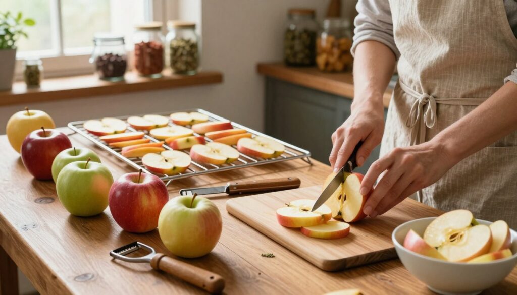 A rustic kitchen scene filled with warm, natural light streaming through a window, highlighting a wooden table adorned with freshly picked apples in various colors—red, green, and yellow. In the foreground, a person wearing a modest apron carefully slices an apple with a sharp knife, revealing its juicy interior. Surrounding them are kitchen utensils like a peeler, cutting board, and a bowl for apple slices. In the middle ground, a drying rack filled with evenly spaced apple slices sits, ready for the next step of drying. The background shows shelves filled with jars, spices, and dried herbs, enhancing the cozy, homey atmosphere of preparing fruit for drying. The image conveys a sense of care and tradition in the art of making healthy snacks. A rustic kitchen scene filled with warm, natural light streaming through a window, highlighting a wooden table adorned with freshly picked apples in various colors—red, green, and yellow. In the foreground, a person wearing a modest apron carefully slices an apple with a sharp knife, revealing its juicy interior. Surrounding them are kitchen utensils like a peeler, cutting board, and a bowl for apple slices. In the middle ground, a drying rack filled with evenly spaced apple slices sits, ready for the next step of drying. The background shows shelves filled with jars, spices, and dried herbs, enhancing the cozy, homey atmosphere of preparing fruit for drying. The image conveys a sense of care and tradition in the art of making healthy snacks.