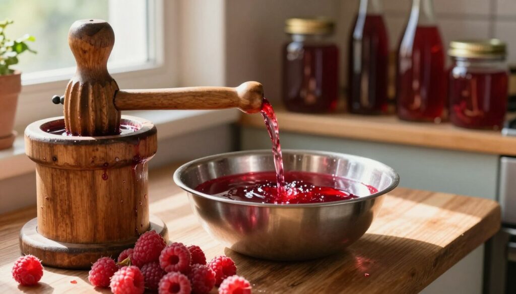 A rustic kitchen scene focused on the methods of pressing raspberry juice. In the foreground, a traditional wooden juice press with bright, ripe raspberries piled nearby, glistening with fresh juice. In the middle, a stainless steel bowl collects the vibrant crimson liquid flowing from the press, emphasizing the rich color and texture of the juice. To the background, shelves lined with jars of homemade syrup and bottles of raspberry juice, casting soft reflections in the warm, afternoon sunlight filtering through a window. The atmosphere is cozy and inviting, evoking a sense of homeliness and the joy of making homemade syrup for winter and tea. The lighting is warm and natural, enhancing the vibrant colors of the raspberries and juice. A rustic kitchen scene focused on the methods of pressing raspberry juice. In the foreground, a traditional wooden juice press with bright, ripe raspberries piled nearby, glistening with fresh juice. In the middle, a stainless steel bowl collects the vibrant crimson liquid flowing from the press, emphasizing the rich color and texture of the juice. To the background, shelves lined with jars of homemade syrup and bottles of raspberry juice, casting soft reflections in the warm, afternoon sunlight filtering through a window. The atmosphere is cozy and inviting, evoking a sense of homeliness and the joy of making homemade syrup for winter and tea. The lighting is warm and natural, enhancing the vibrant colors of the raspberries and juice.