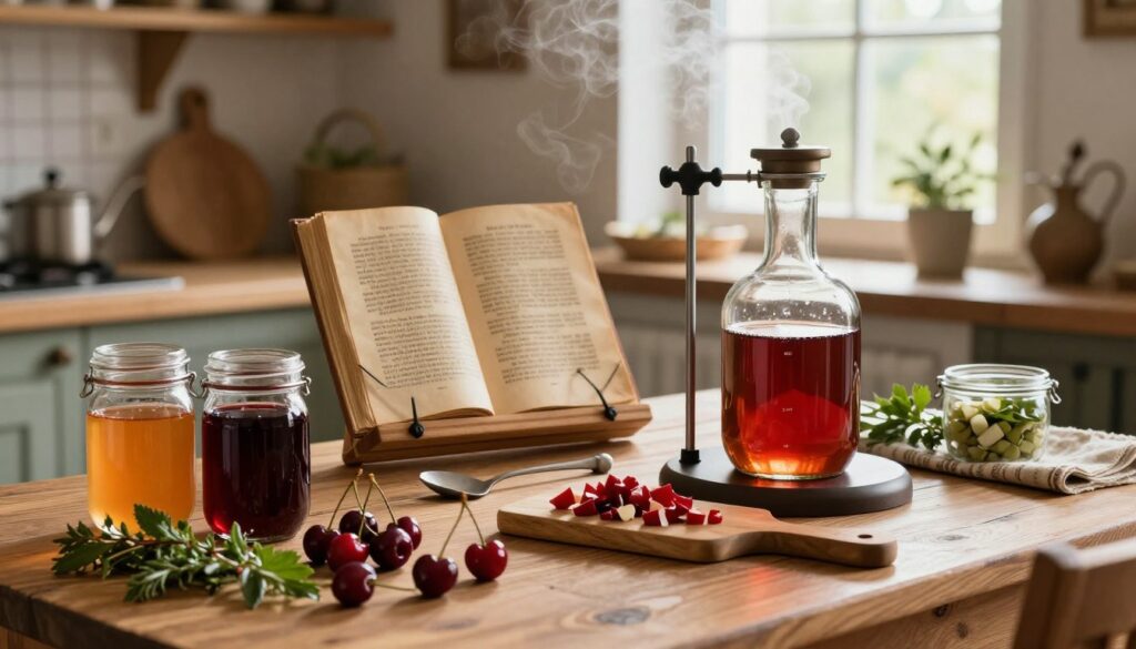 A rustic kitchen scene focused on the preparation of homemade nalewka. In the foreground, a wooden table is adorned with fresh fruits like cherries and herbs, alongside glass bottles and jars filled with colorful liquids. A distillation apparatus is set up, with steam rising gently, reflecting the traditional methods of crafting this spirit. In the middle ground, an artistically arranged display showcases a vintage recipe book propped open, surrounded by measuring utensils and a cutting board with chopped ingredients. In the background, soft natural light streams through a window, illuminating the cozy ambiance. The overall atmosphere is warm and inviting, capturing the essence of home brewing and the meticulous process of preparing nalewka for clarification. A rustic kitchen scene focused on the preparation of homemade nalewka. In the foreground, a wooden table is adorned with fresh fruits like cherries and herbs, alongside glass bottles and jars filled with colorful liquids. A distillation apparatus is set up, with steam rising gently, reflecting the traditional methods of crafting this spirit. In the middle ground, an artistically arranged display showcases a vintage recipe book propped open, surrounded by measuring utensils and a cutting board with chopped ingredients. In the background, soft natural light streams through a window, illuminating the cozy ambiance. The overall atmosphere is warm and inviting, capturing the essence of home brewing and the meticulous process of preparing nalewka for clarification.