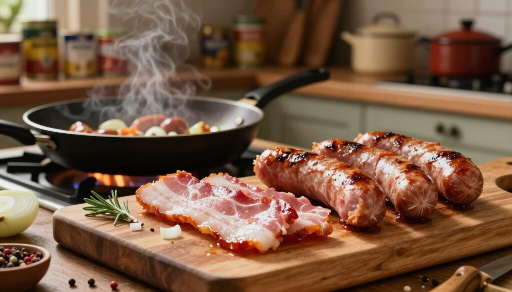 A rustic kitchen scene showcasing the preparation of a meat base featuring thick slices of smoked bacon and juicy sausages, accompanied by chopped onions glistening in the light. The foreground features a wooden cutting board with an array of herbs and spices, enriching the composition. In the middle, a skillet sizzling over a flame, with the ingredients melding together creates a savory atmosphere. The background depicts shelves stocked with canned goods and traditional cookware, evoking a homely feel. The lighting is warm and inviting, casting soft shadows and highlighting the textures of the meats and the wood. The mood is cozy and appetizing, perfect for illustrating culinary depth. A rustic kitchen scene showcasing the preparation of a meat base featuring thick slices of smoked bacon and juicy sausages, accompanied by chopped onions glistening in the light. The foreground features a wooden cutting board with an array of herbs and spices, enriching the composition. In the middle, a skillet sizzling over a flame, with the ingredients melding together creates a savory atmosphere. The background depicts shelves stocked with canned goods and traditional cookware, evoking a homely feel. The lighting is warm and inviting, casting soft shadows and highlighting the textures of the meats and the wood. The mood is cozy and appetizing, perfect for illustrating culinary depth.