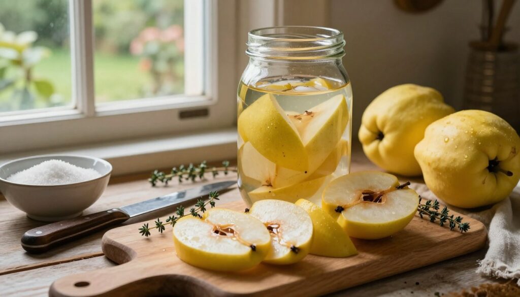 A rustic kitchen scene showcasing the preparation of quince fruits for fermentation. In the foreground, a wooden cutting board holds freshly sliced ripe quinces, their golden yellow skin glistening under soft, warm lighting. Nearby, a vintage knife and a bowl filled with sugar hint at the fermentation process. In the middle, a traditional glass jar is partially filled with quince slices, water, and natural ferments, with aromatic herbs like thyme scattered around. In the background, a sunlit window reveals a garden view, accentuating the homely atmosphere. The overall mood is inviting and nostalgic, evoking the essence of fruit preparation and homemade beverage crafting, captured from a slightly elevated angle to highlight the arrangement and textures.