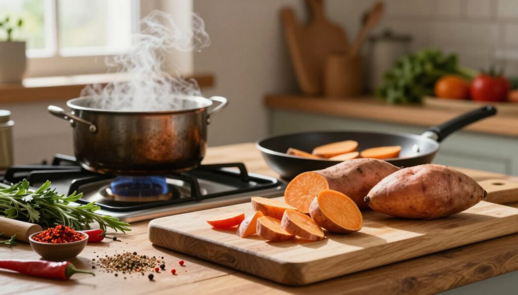 A rustic kitchen scene showcasing the preparation of sweet potatoes, focusing on various cooking methods. In the foreground, a wooden cutting board presents freshly chopped batatów, with some whole tubers nearby. Brightly colored spices such as paprika, cumin, and herbs are scattered around, suggesting seasoning options. In the middle ground, a stove with a pot simmering, steam rising, implies cooking, while a frying pan displays sizzling slices of sweet potatoes. Natural light floods the room from a nearby window, casting warm tones and soft shadows that create an inviting atmosphere. The background features wooden shelves with kitchen utensils and fresh produce, enhancing the homely feel of the space. A rustic kitchen scene showcasing the preparation of sweet potatoes, focusing on various cooking methods. In the foreground, a wooden cutting board presents freshly chopped batatów, with some whole tubers nearby. Brightly colored spices such as paprika, cumin, and herbs are scattered around, suggesting seasoning options. In the middle ground, a stove with a pot simmering, steam rising, implies cooking, while a frying pan displays sizzling slices of sweet potatoes. Natural light floods the room from a nearby window, casting warm tones and soft shadows that create an inviting atmosphere. The background features wooden shelves with kitchen utensils and fresh produce, enhancing the homely feel of the space.