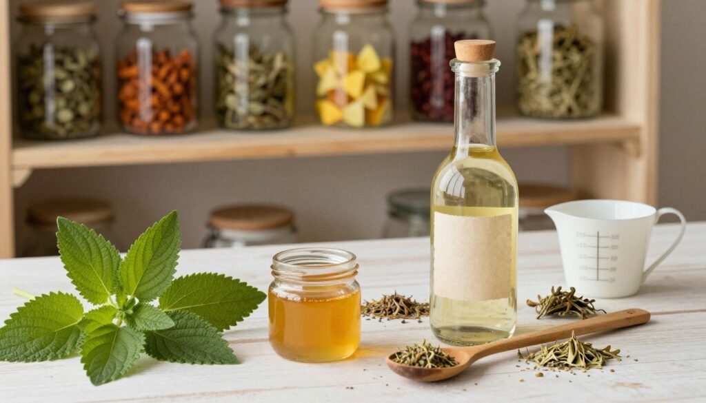 A rustic kitchen setting featuring essential ingredients and accessories for preparing herbal liqueur, specifically focusing on lemon balm. In the foreground, display fresh lemon balm leaves, a small jar of honey, and a clear glass bottle labeled for fermentation. In the middle, showcase an assortment of dried herbs, a wooden spoon, and a measuring cup. The background should have light-hued wooden shelves adorned with jars filled with various natural ingredients, such as spices and fruits. Use soft, warm lighting to create a cozy and inviting atmosphere, emphasizing the textures of the ingredients. The image should be captured from a slightly elevated angle to provide a comprehensive view of the scene, evoking a sense of handcrafted artistry and tradition. A rustic kitchen setting featuring essential ingredients and accessories for preparing herbal liqueur, specifically focusing on lemon balm. In the foreground, display fresh lemon balm leaves, a small jar of honey, and a clear glass bottle labeled for fermentation. In the middle, showcase an assortment of dried herbs, a wooden spoon, and a measuring cup. The background should have light-hued wooden shelves adorned with jars filled with various natural ingredients, such as spices and fruits. Use soft, warm lighting to create a cozy and inviting atmosphere, emphasizing the textures of the ingredients. The image should be captured from a slightly elevated angle to provide a comprehensive view of the scene, evoking a sense of handcrafted artistry and tradition.