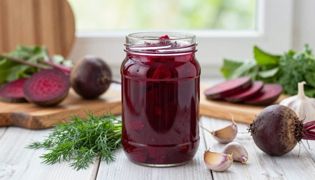 A rustic kitchen setting showcases a clear glass jar filled with deep red zakwas buraków, surrounded by fresh, whole beetroots, garlic cloves, and sprigs of dill. In the foreground, the jar is centered, capturing the rich, vibrant color of the beetroot fermentation. The middle ground reveals a wooden chopping board with sliced beetroots and herbs, adding a touch of freshness. In the background, soft natural light streams through a window, illuminating the scene and creating a warm, inviting atmosphere. The focus is sharp on the jar and ingredients, with a slight blur in the background to enhance depth. This image conveys the essence of home cooking and the simplicity of preparing zakwas, evoking a sense of tradition and comfort.