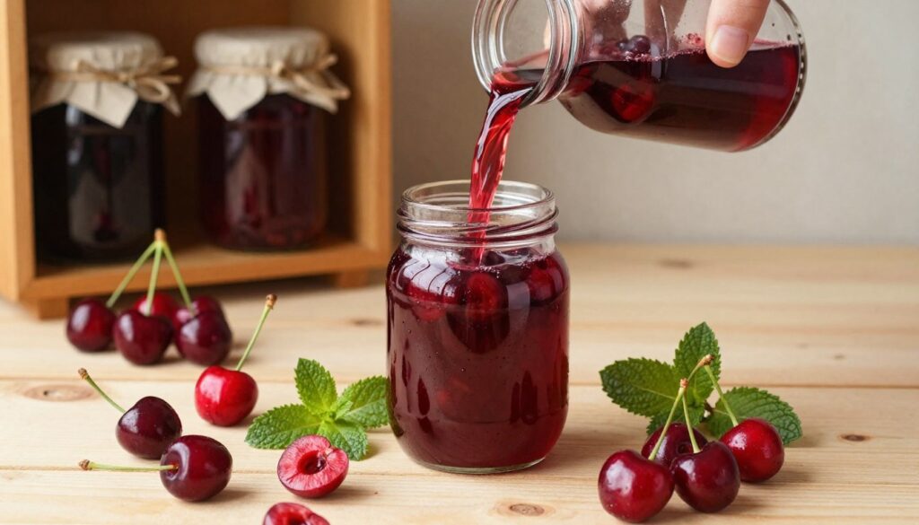 A rustic kitchen setting showcasing the process of making cherry nalewka. In the foreground, a wooden table is adorned with fresh, ripe cherries in various shades of red, some whole and others halved, revealing their juicy interiors. A glass jar filled with deep red cherry liqueur sits prominent, glistening under soft, warm lighting. Surrounding the jar are sprigs of mint and scattered cherries, adding a vibrant touch. The middle ground features a hand pouring the cherry mixture into the jar, emphasizing the homemade aspect of the drink. The background includes a wooden shelf with jars of other fruit liqueurs, creating a cozy, inviting atmosphere. The overall mood is warm, summery, and inspiring, perfect for showcasing this delightful beverage-making process. A rustic kitchen setting showcasing the process of making cherry nalewka. In the foreground, a wooden table is adorned with fresh, ripe cherries in various shades of red, some whole and others halved, revealing their juicy interiors. A glass jar filled with deep red cherry liqueur sits prominent, glistening under soft, warm lighting. Surrounding the jar are sprigs of mint and scattered cherries, adding a vibrant touch. The middle ground features a hand pouring the cherry mixture into the jar, emphasizing the homemade aspect of the drink. The background includes a wooden shelf with jars of other fruit liqueurs, creating a cozy, inviting atmosphere. The overall mood is warm, summery, and inspiring, perfect for showcasing this delightful beverage-making process.