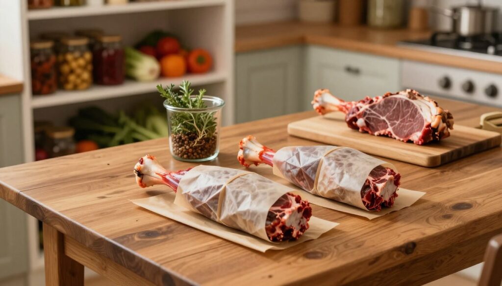 A rustic kitchen setting showcasing the safe storage of venison. In the foreground, a wooden table displays neatly packaged cuts of roasted deer leg, wrapped in butcher paper and sealed for freshness. In the middle ground, a glass container filled with herbs and spices sits beside a cutting board, emphasizing preparation for reheating. The background features a well-lit pantry with shelves stocked with jars of marinades and seasonal vegetables. Warm, soft lighting creates a cozy atmosphere, highlighting the textures of the meat and the wood. The angle is slightly overhead, inviting the viewer into this inviting culinary space. The overall mood conveys a sense of home cooking and care for quality ingredients.