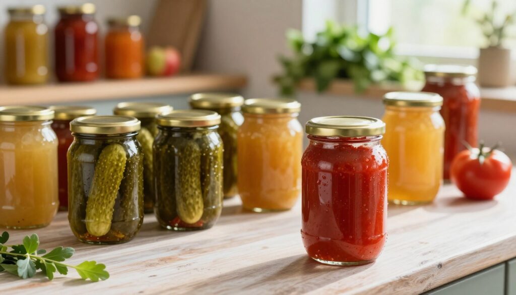 A rustic kitchen table filled with jars of colorful preserves and juices, showcasing various fruits and vegetables in their vibrant colors. In the foreground, a close-up of a glass jar filled with rich red tomato sauce, condensation forming on the outside, reflecting the quality of preservation. In the middle ground, neatly lined jars of green pickles and golden apple sauce, all sealed with traditional metal lids. The background features shelves adorned with additional jars and fresh herbs, softly blurred to create depth. Natural light streams in through a window, casting gentle highlights and shadows, enhancing the warm, inviting atmosphere. The overall mood is one of freshness and care, emphasizing the importance of proper storage in maintaining quality. A rustic kitchen table filled with jars of colorful preserves and juices, showcasing various fruits and vegetables in their vibrant colors. In the foreground, a close-up of a glass jar filled with rich red tomato sauce, condensation forming on the outside, reflecting the quality of preservation. In the middle ground, neatly lined jars of green pickles and golden apple sauce, all sealed with traditional metal lids. The background features shelves adorned with additional jars and fresh herbs, softly blurred to create depth. Natural light streams in through a window, casting gentle highlights and shadows, enhancing the warm, inviting atmosphere. The overall mood is one of freshness and care, emphasizing the importance of proper storage in maintaining quality.