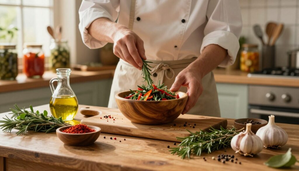 A rustic kitchen table is the focal point of the image, adorned with an assortment of fresh herbs, spices, and ingredients for an aromatic marinade. In the foreground, a wooden bowl brimming with colorful spices—paprika, rosemary, thyme, and garlic cloves—invites attention. A glass jar filled with olive oil sits nearby, catching the warm, golden light from a window. The middle layer features hands of a chef clad in modest, professional attire, carefully mixing the marinade, showcasing the process of preparation. In the background, shelves filled with jars of preserved vegetables and utensils evoke an inviting, homey atmosphere. Soft, natural lighting creates a cozy and warm mood, emphasizing the rich textures and colors of the ingredients, while a shallow depth of field draws focus to the art of marinating.