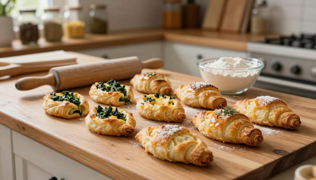 A rustic wooden kitchen countertop serves as the foreground, showcasing freshly baked ciasto francuskie, golden and flaky, shaped into appetizing pastries. Some pastries are filled with savory ingredients like spinach and cheese, while others are elegantly dusted with herbs, inviting viewers to savor their delightful appearance. In the middle ground, a well-used rolling pin and a bowl of flour hint at the preparation process, revealing the craftsmanship behind the dish. The background displays softly lit shelves stocked with jars of spices and cookbooks, enhancing the homey atmosphere. The warm lighting creates a cozy ambiance, evoking a sense of comfort and culinary creativity, perfect for a quick savory dinner. The angle is slightly overhead, capturing the essence of a bustling kitchen scene filled with culinary potential.