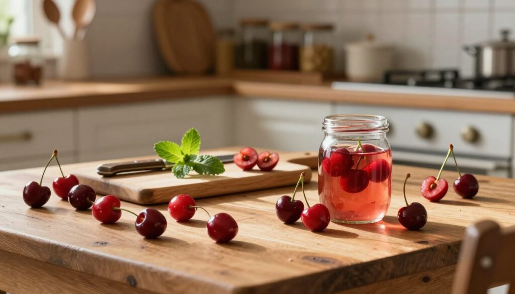 A rustic wooden kitchen table, elegantly arranged with freshly harvested cherries in vibrant red hues, showcases an abundance of whole and halved fruits. In the foreground, add a delicate glass jar filled with clear homemade cherry liqueur, catching the warm sunlight. The middle ground features a cutting board with a sharp knife and a sprig of fresh mint for garnish, set against a slightly blurred background of an inviting kitchen, adorned with vintage utensils and wooden shelves lined with jars and spices. The lighting is soft and natural, emanating a warm and cozy atmosphere, perfect for invoking a sense of home and tradition in the process of preparing these flavorful fruits. A rustic wooden kitchen table, elegantly arranged with freshly harvested cherries in vibrant red hues, showcases an abundance of whole and halved fruits. In the foreground, add a delicate glass jar filled with clear homemade cherry liqueur, catching the warm sunlight. The middle ground features a cutting board with a sharp knife and a sprig of fresh mint for garnish, set against a slightly blurred background of an inviting kitchen, adorned with vintage utensils and wooden shelves lined with jars and spices. The lighting is soft and natural, emanating a warm and cozy atmosphere, perfect for invoking a sense of home and tradition in the process of preparing these flavorful fruits.