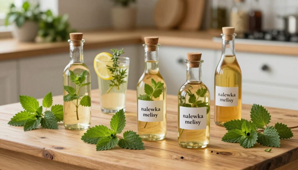 A rustic wooden table is adorned with an assortment of herbal tinctures, showcasing different flavors of "nalewka melisy." In the foreground, clear glass bottles filled with golden and amber liquids, infused with fresh lemon balm leaves, sit alongside sprigs of vibrant green herbs. The middle ground features a glass filled with the enticing drink, garnished with a slice of lemon and a sprig of melissa, reflecting the light. In the background, a softly blurred kitchen setting with shelves of various herbs and spices invites a homely atmosphere. The warm lighting creates a cozy and inviting mood. The image is taken from a slight overhead angle, emphasizing the beauty of the herbal compositions while maintaining a clean and elegant aesthetic. A rustic wooden table is adorned with an assortment of herbal tinctures, showcasing different flavors of "nalewka melisy." In the foreground, clear glass bottles filled with golden and amber liquids, infused with fresh lemon balm leaves, sit alongside sprigs of vibrant green herbs. The middle ground features a glass filled with the enticing drink, garnished with a slice of lemon and a sprig of melissa, reflecting the light. In the background, a softly blurred kitchen setting with shelves of various herbs and spices invites a homely atmosphere. The warm lighting creates a cozy and inviting mood. The image is taken from a slight overhead angle, emphasizing the beauty of the herbal compositions while maintaining a clean and elegant aesthetic.