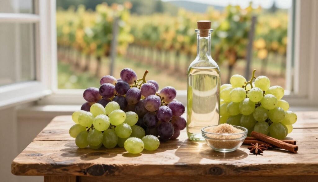 A rustic wooden table is adorned with an elegant arrangement of fresh grapes in varying shades of green and purple, showcasing their plump, dewy surfaces. Nearby, a collection of essential ingredients for grape liqueur is artfully displayed: a bottle of clear alcohol, sugar in a small glass bowl, and vibrant spices like cinnamon and vanilla. Soft natural light filters through a nearby window, casting gentle shadows that enhance the textures of the ingredients. In the background, a blurred vineyard scene suggests the harvest season, with soft golden hues evoking a warm, inviting atmosphere. The composition balances simplicity and elegance, capturing the essence of crafting grape liqueur. A rustic wooden table is adorned with an elegant arrangement of fresh grapes in varying shades of green and purple, showcasing their plump, dewy surfaces. Nearby, a collection of essential ingredients for grape liqueur is artfully displayed: a bottle of clear alcohol, sugar in a small glass bowl, and vibrant spices like cinnamon and vanilla. Soft natural light filters through a nearby window, casting gentle shadows that enhance the textures of the ingredients. In the background, a blurred vineyard scene suggests the harvest season, with soft golden hues evoking a warm, inviting atmosphere. The composition balances simplicity and elegance, capturing the essence of crafting grape liqueur.